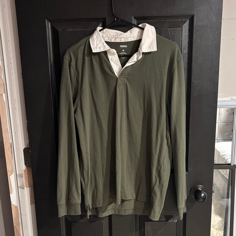 Sonoma Olive Green Long-Sleeve Rugby Polo with White Collar